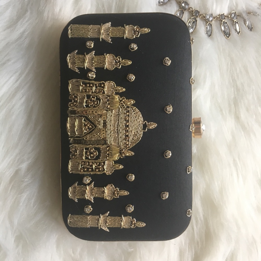 Black clutch with gold embroidery bridal